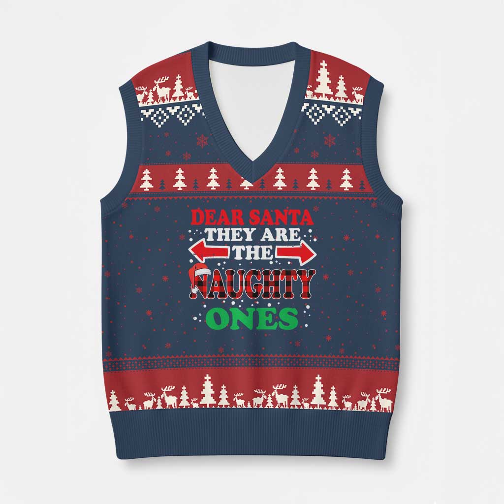 Dear Santa They Naughty Ones V-Neck Knit Sweater Vest Christmas Red Plaid Pajamas PJ Xmas Gifts TS10 Navy Red Print Your Wear