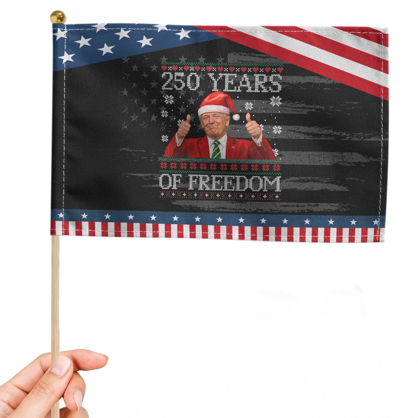 250 Years Of Freedom Christmas Patriotic Handheld Flag 250th Anniversary USA Trump Ugly Xmas TS10 Distressed 8.2