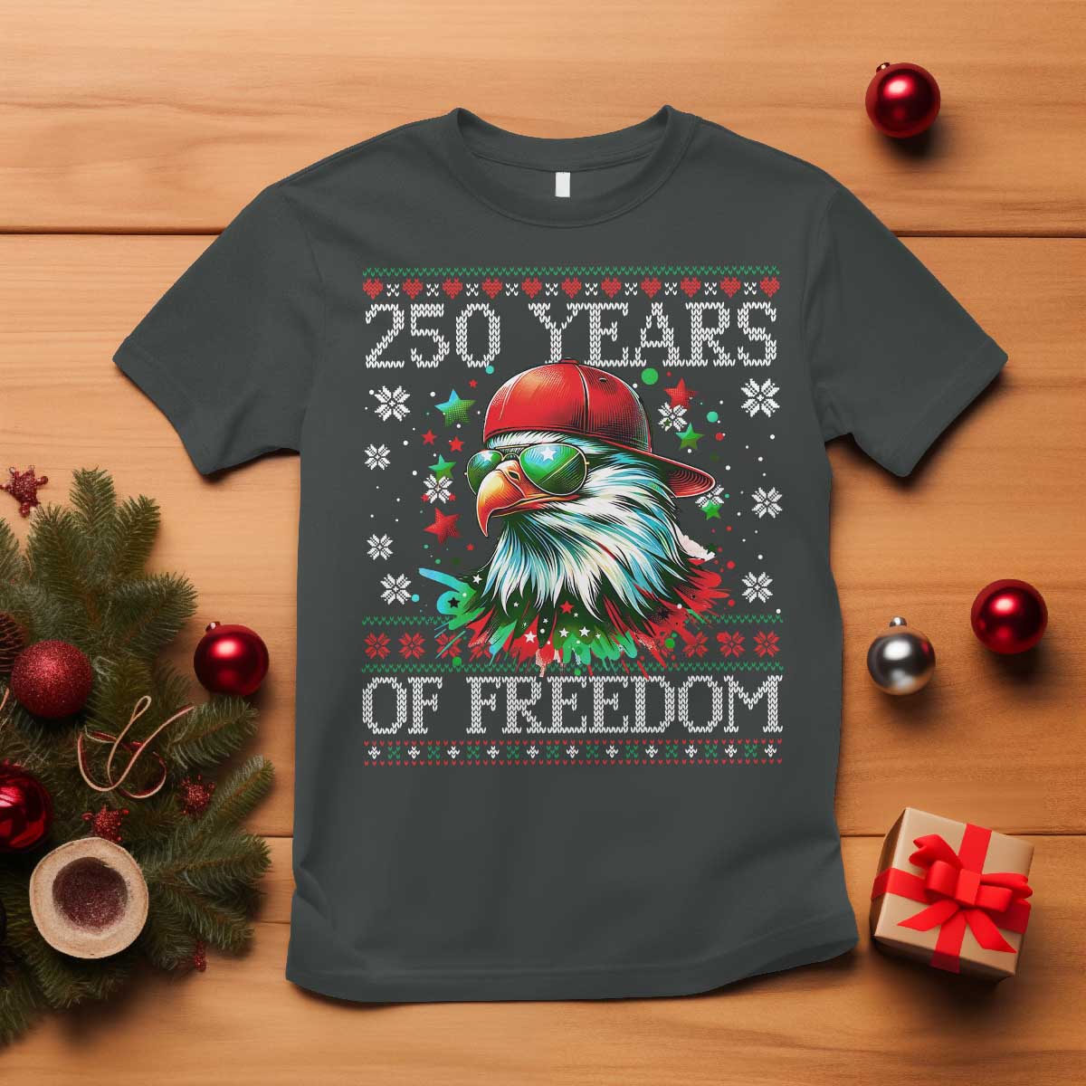 250 Years Of Freedom Christmas T Shirt 250th Anniversary USA Eagle Ugly Xmas TS10 Dark Heather Print Your Wear