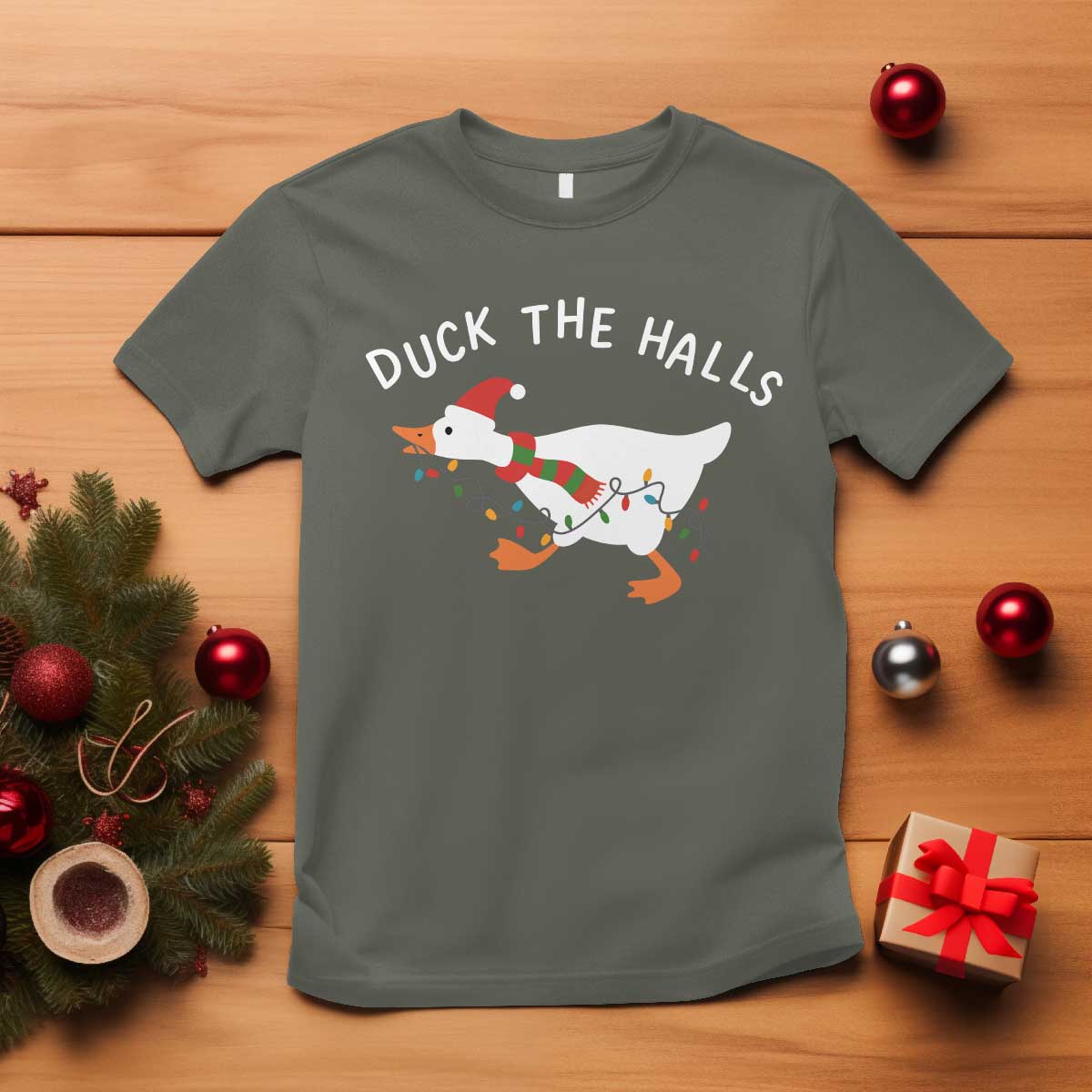 Funny Christmas Silly Goose T Shirt Funny Duck the Halls TS10 Military Green Print Your Wear
