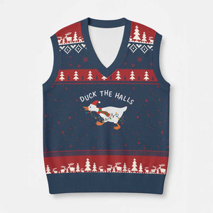 Funny Xmas Silly Goose V-Neck Knit Sweater Vest Funny Duck the Halls TS10 Navy Red Print Your Wear