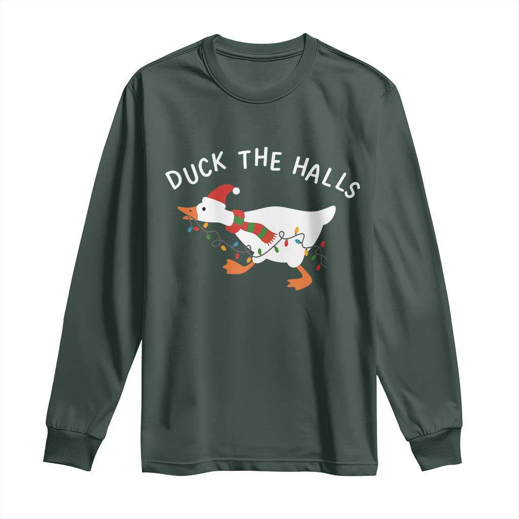 Funny Christmas Silly Goose Long Sleeve Shirt Funny Duck the Halls TS10 Dark Forest Green Print Your Wear