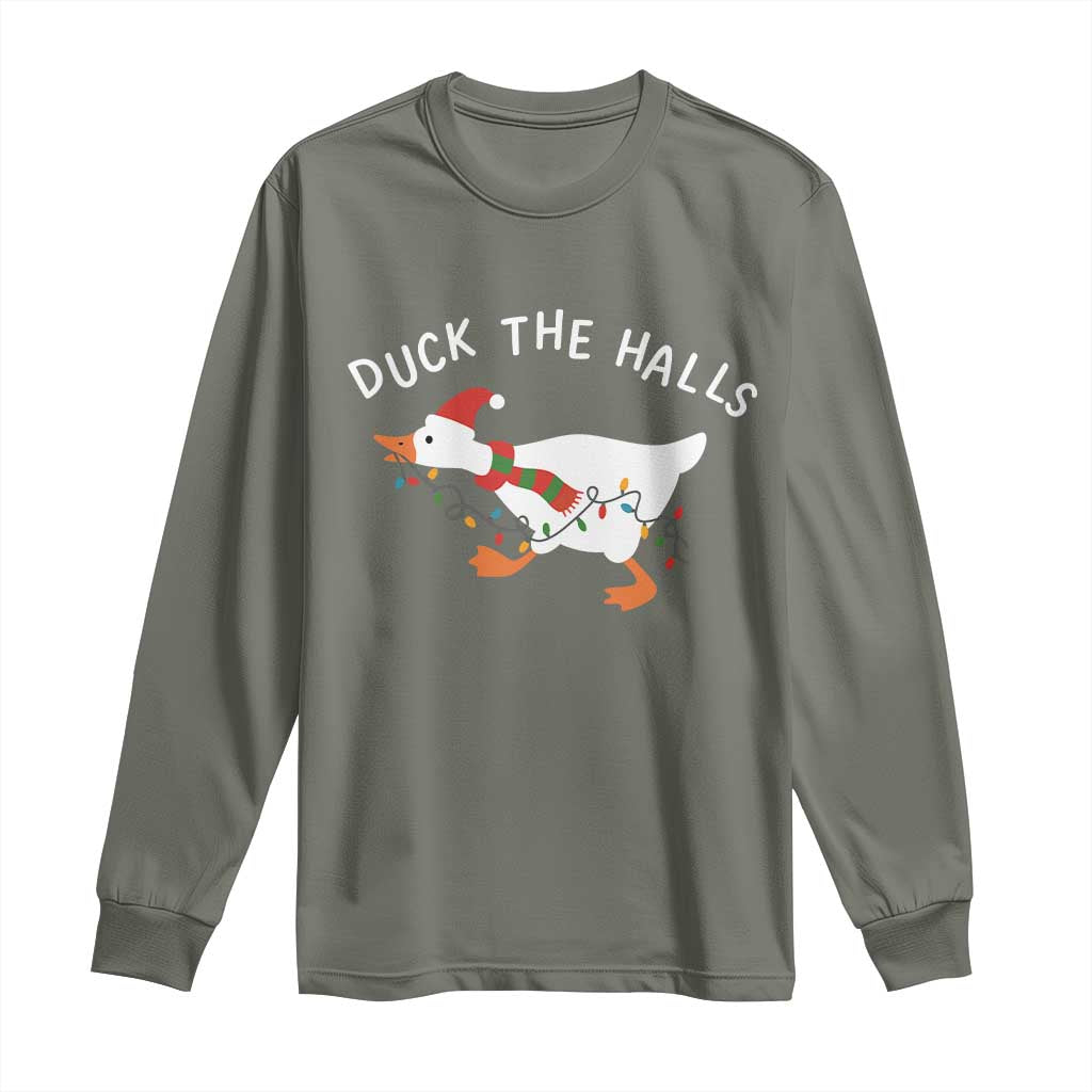 Funny Christmas Silly Goose Long Sleeve Shirt Funny Duck the Halls TS10 Military Green Print Your Wear