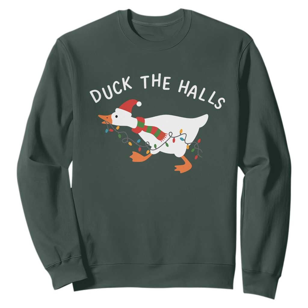 Funny Christmas Silly Goose Sweatshirt Funny Duck the Halls TS10 Dark Forest Green Print Your Wear