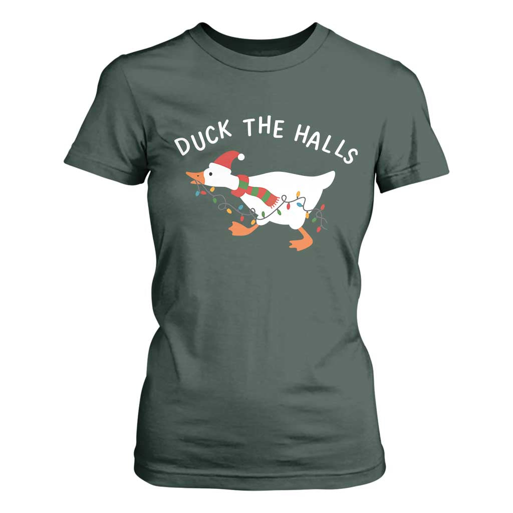 Funny Christmas Silly Goose T Shirt For Women Funny Duck the Halls TS10 Dark Forest Green Print Your Wear