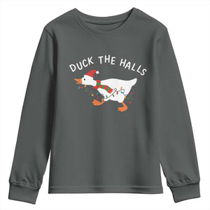 Funny Christmas Silly Goose Youth Sweatshirt Funny Duck the Halls TS10 Dark Heather Print Your Wear
