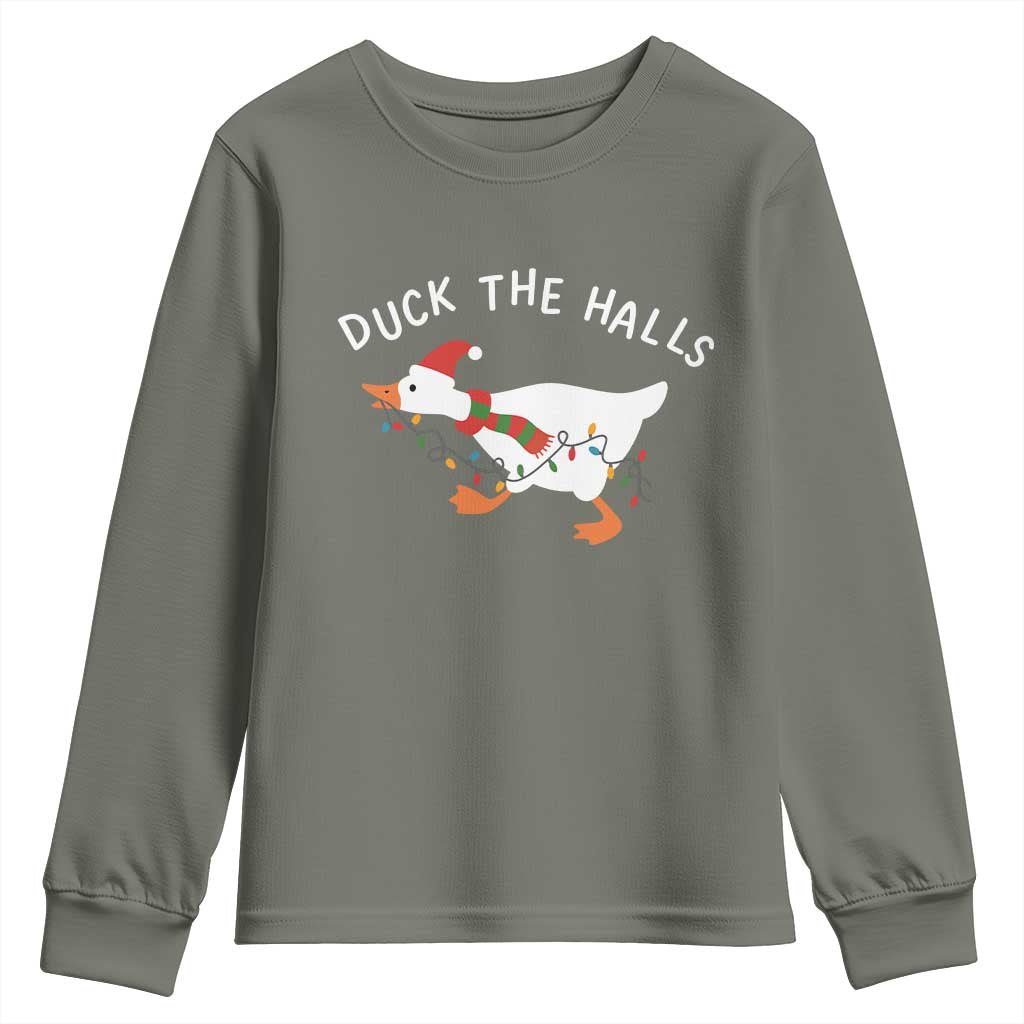 Funny Christmas Silly Goose Youth Sweatshirt Funny Duck the Halls TS10 Military Green Print Your Wear