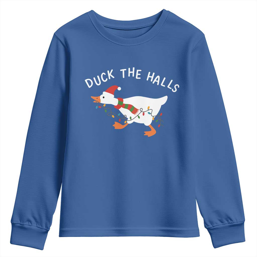 Funny Christmas Silly Goose Youth Sweatshirt Funny Duck the Halls TS10 Royal Blue Print Your Wear