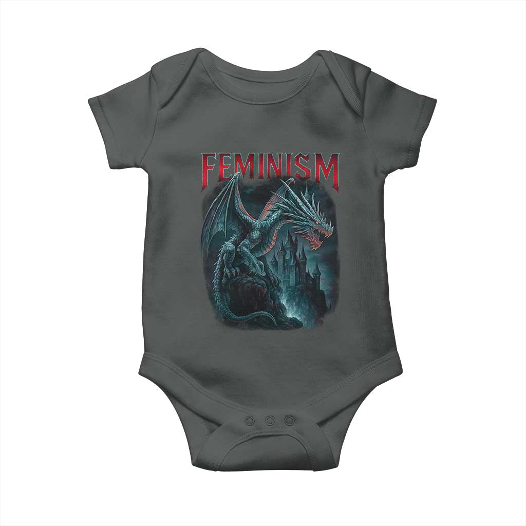 Feminism Dragon Baby Onesie Retro Vintage Gothic Fantasy Castle Feminist Empowerment TS10 Dark Heather Print Your Wear