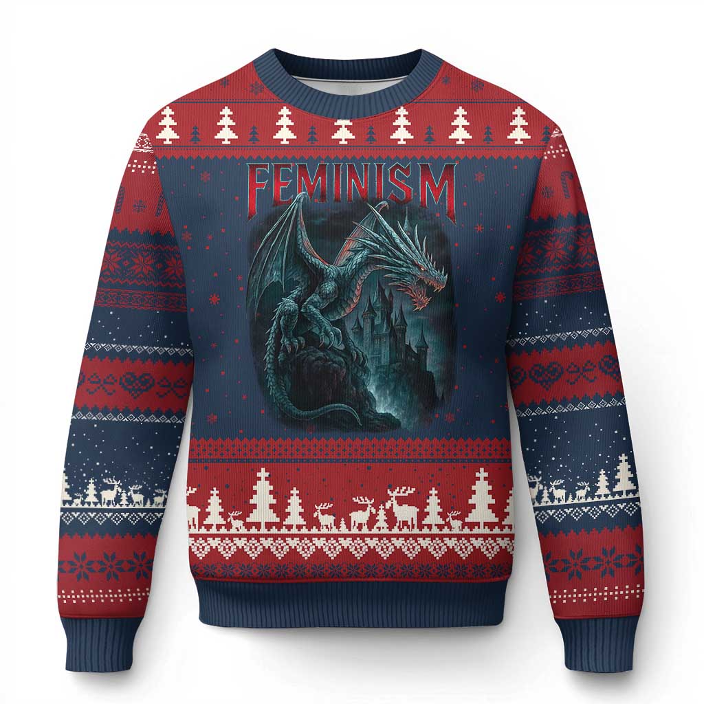 Feminism Dragon Ugly Christmas Sweater Retro Vintage Gothic Fantasy Castle Feminist Empowerment TS10 Navy Red Print Your Wear