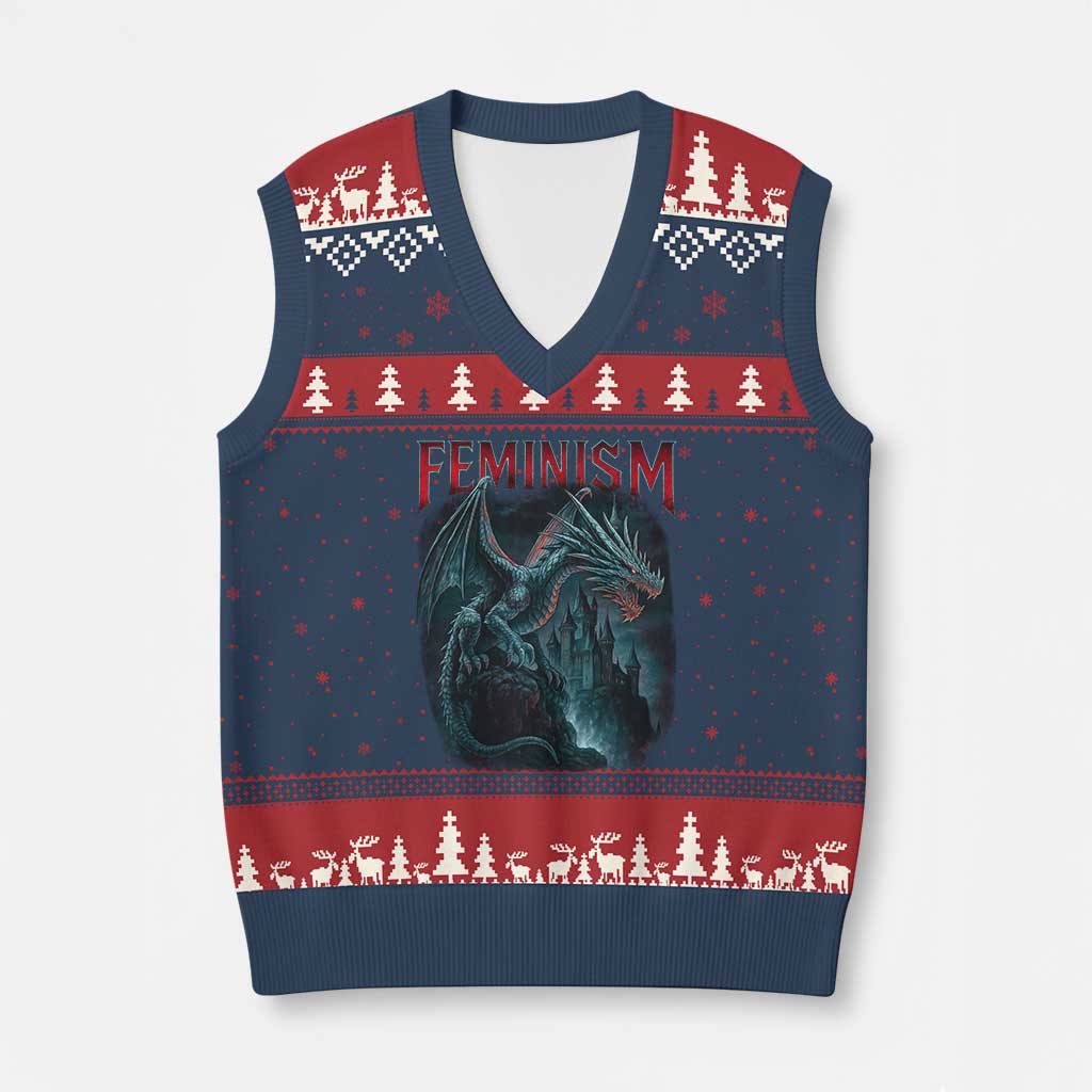 Feminism Dragon V-Neck Knit Sweater Vest Retro Vintage Gothic Fantasy Castle Feminist Empowerment TS10 Navy Red Print Your Wear