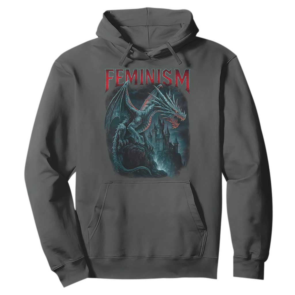 Feminism Dragon Hoodie Retro Vintage Gothic Fantasy Castle Feminist Empowerment TS10 Dark Heather Print Your Wear