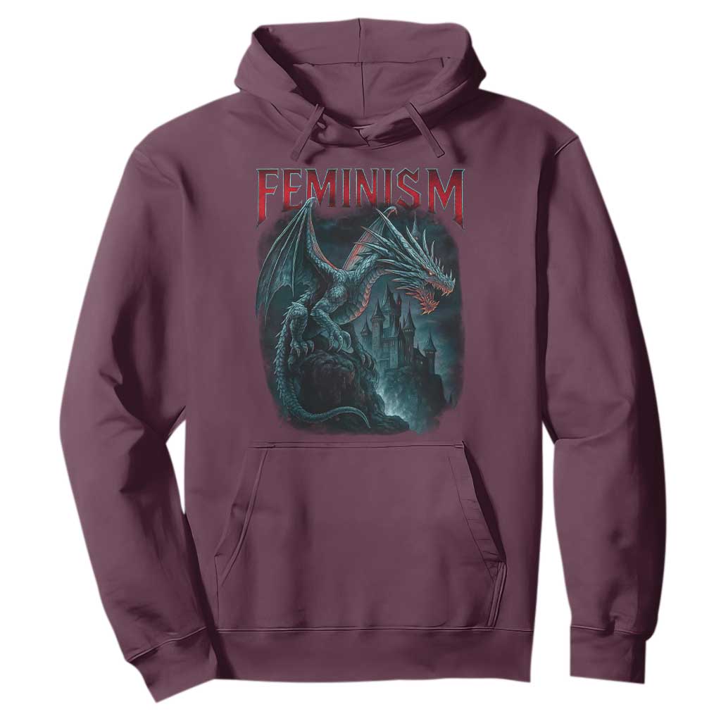 Feminism Dragon Hoodie Retro Vintage Gothic Fantasy Castle Feminist Empowerment TS10 Maroon Print Your Wear