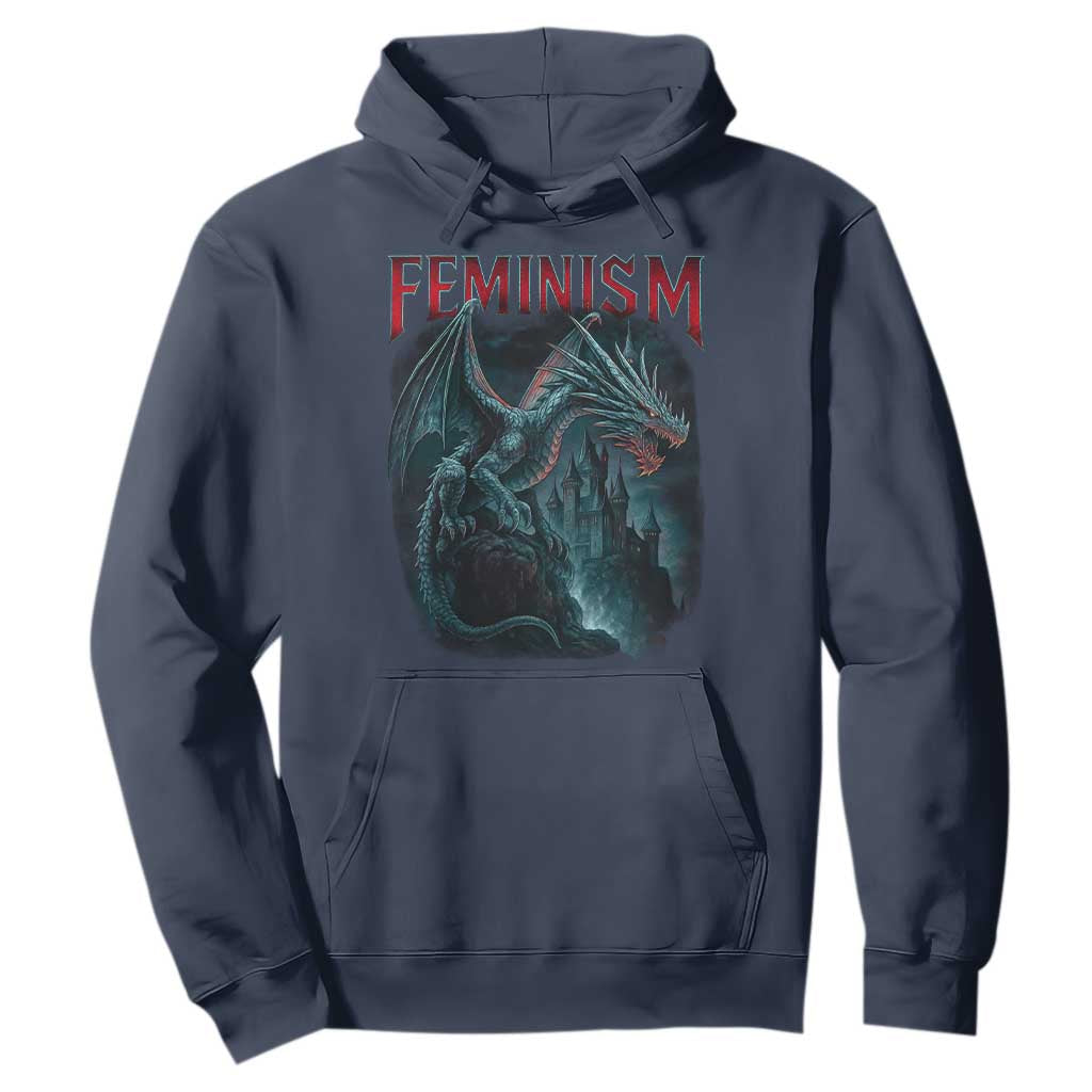 Feminism Dragon Hoodie Retro Vintage Gothic Fantasy Castle Feminist Empowerment TS10 Navy Print Your Wear