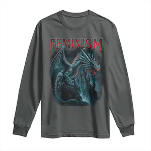 Feminism Dragon Long Sleeve Shirt Retro Vintage Gothic Fantasy Castle Feminist Empowerment TS10 Dark Heather Print Your Wear