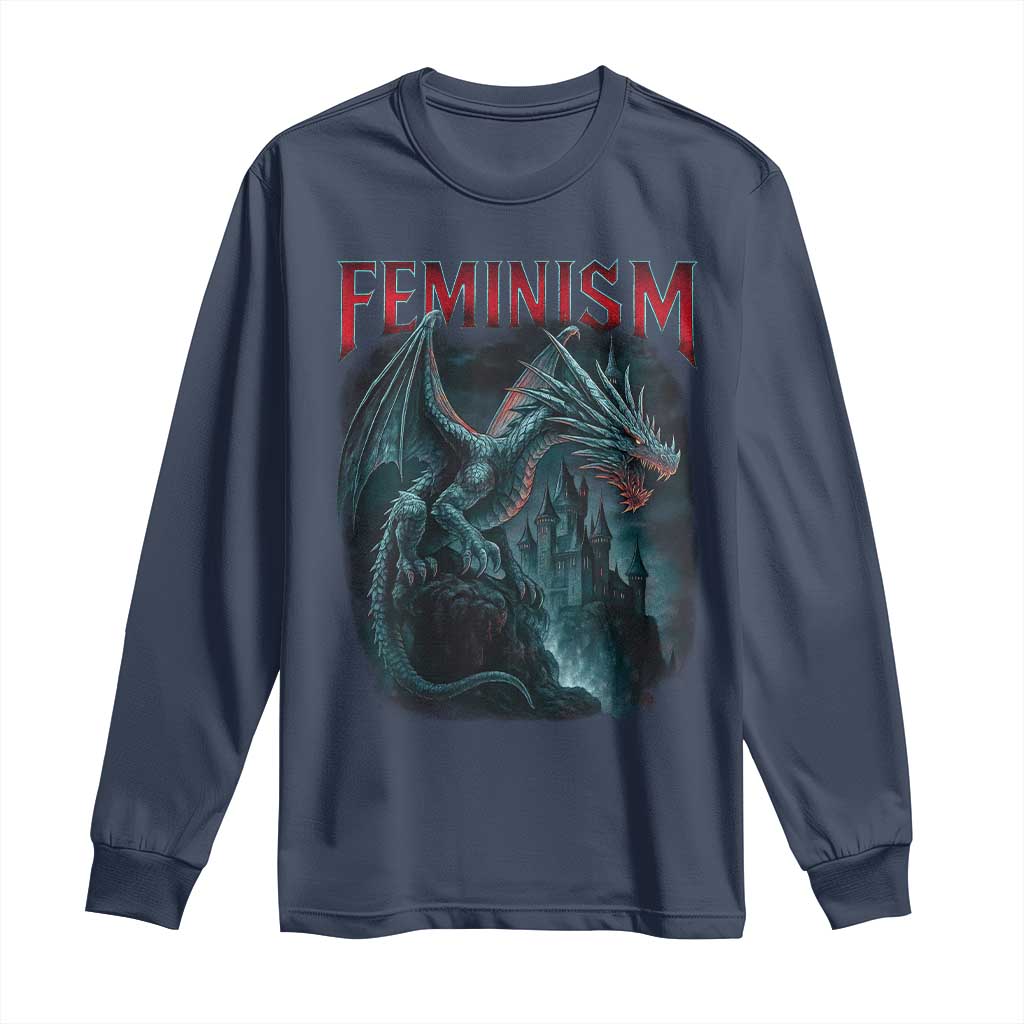 Feminism Dragon Long Sleeve Shirt Retro Vintage Gothic Fantasy Castle Feminist Empowerment TS10 Navy Print Your Wear
