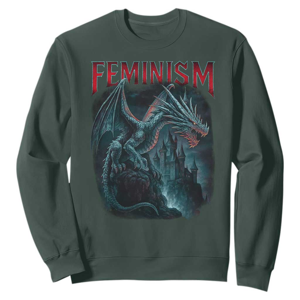 Feminism Dragon Sweatshirt Retro Vintage Gothic Fantasy Castle Feminist Empowerment TS10 Dark Forest Green Print Your Wear