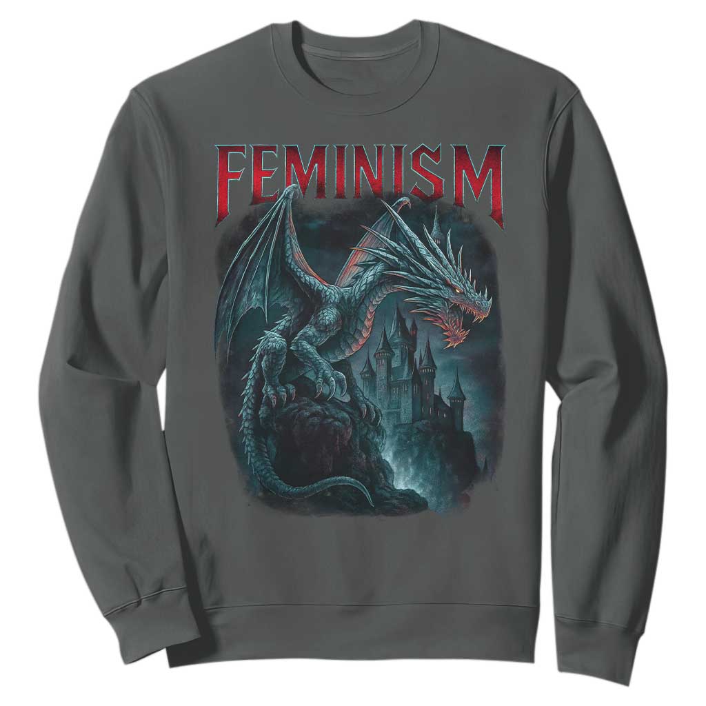 Feminism Dragon Sweatshirt Retro Vintage Gothic Fantasy Castle Feminist Empowerment TS10 Dark Heather Print Your Wear