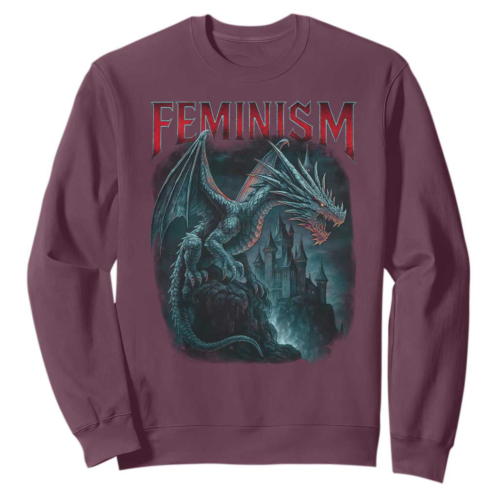 Feminism Dragon Sweatshirt Retro Vintage Gothic Fantasy Castle Feminist Empowerment TS10 Maroon Print Your Wear