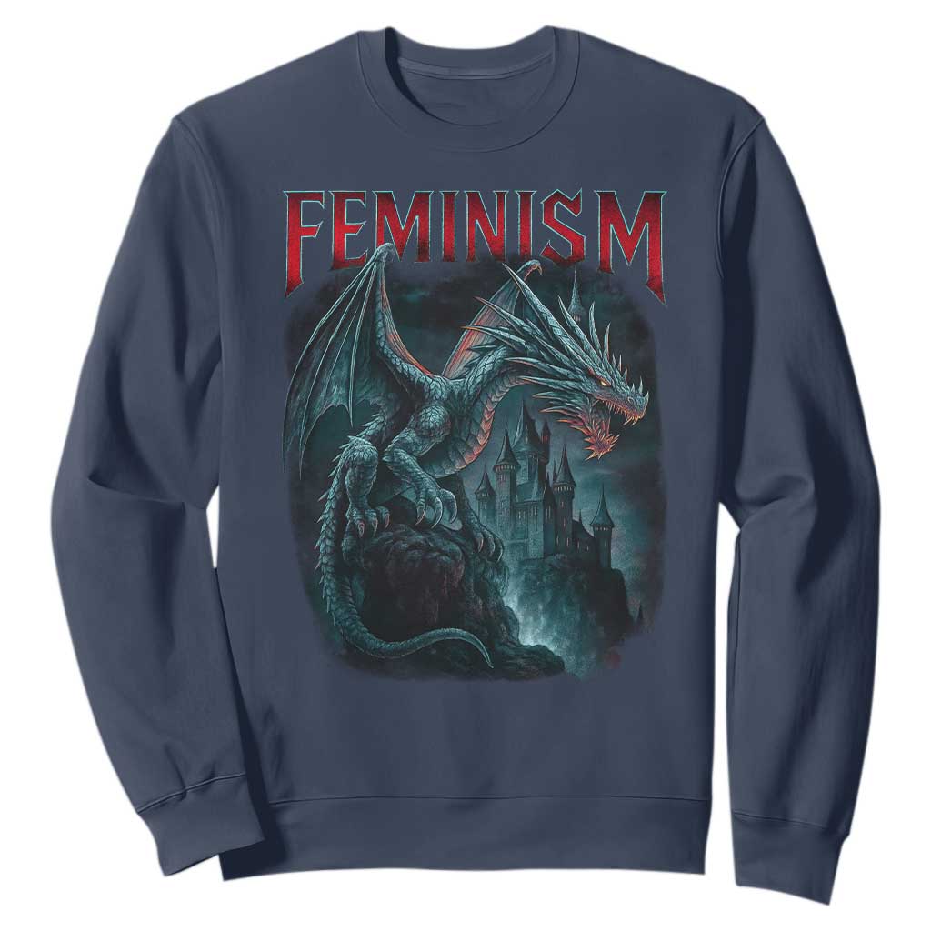 Feminism Dragon Sweatshirt Retro Vintage Gothic Fantasy Castle Feminist Empowerment TS10 Navy Print Your Wear