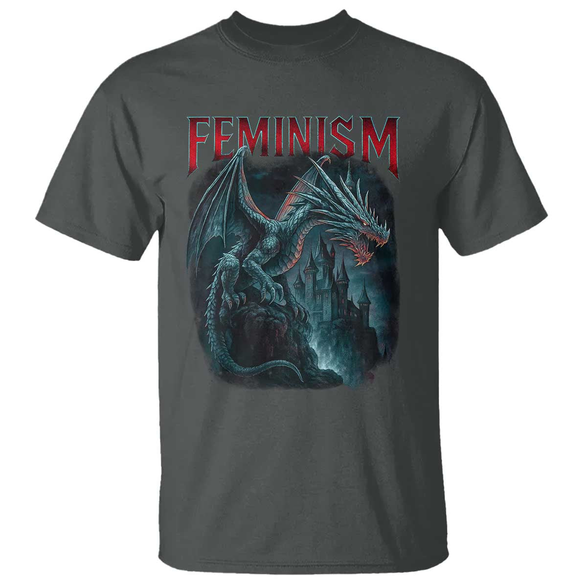 Feminism Dragon T Shirt Retro Vintage Gothic Fantasy Castle Feminist Empowerment TS10 Dark Heather Print Your Wear