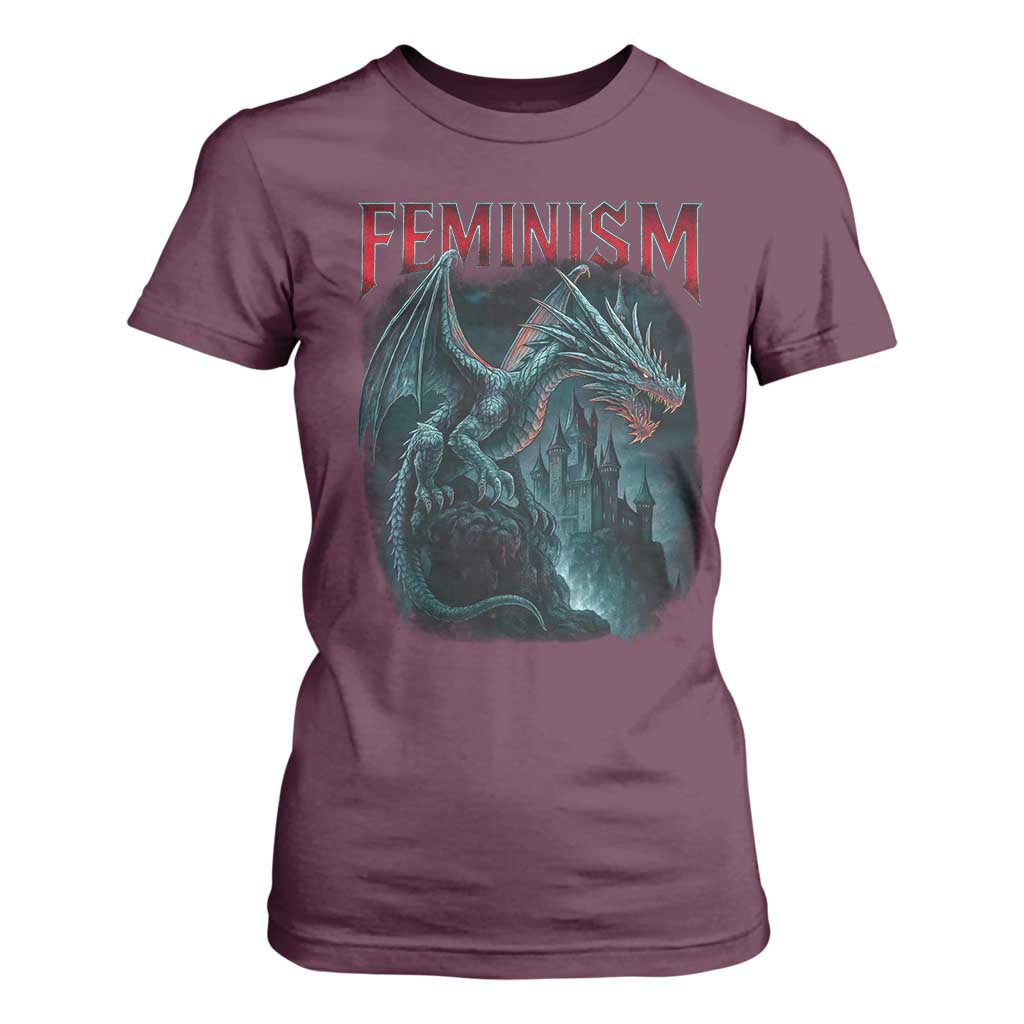 Feminism Dragon T Shirt For Women Retro Vintage Gothic Fantasy Castle Feminist Empowerment TS10 Maroon Print Your Wear