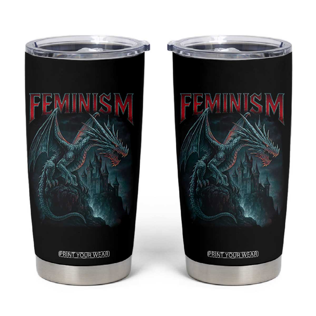 Feminism Dragon Tumbler Cup Retro Vintage Gothic Fantasy Castle Feminist Empowerment TS10 Black Print Your Wear