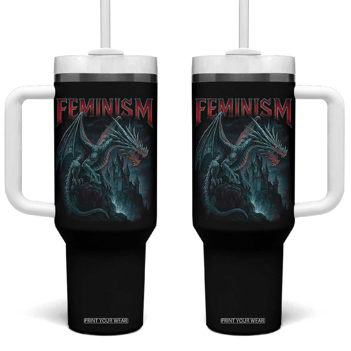 Feminism Dragon Tumbler With Handle Retro Vintage Gothic Fantasy Castle Feminist Empowerment TS10 One Size: 40 oz Black Print Your Wear
