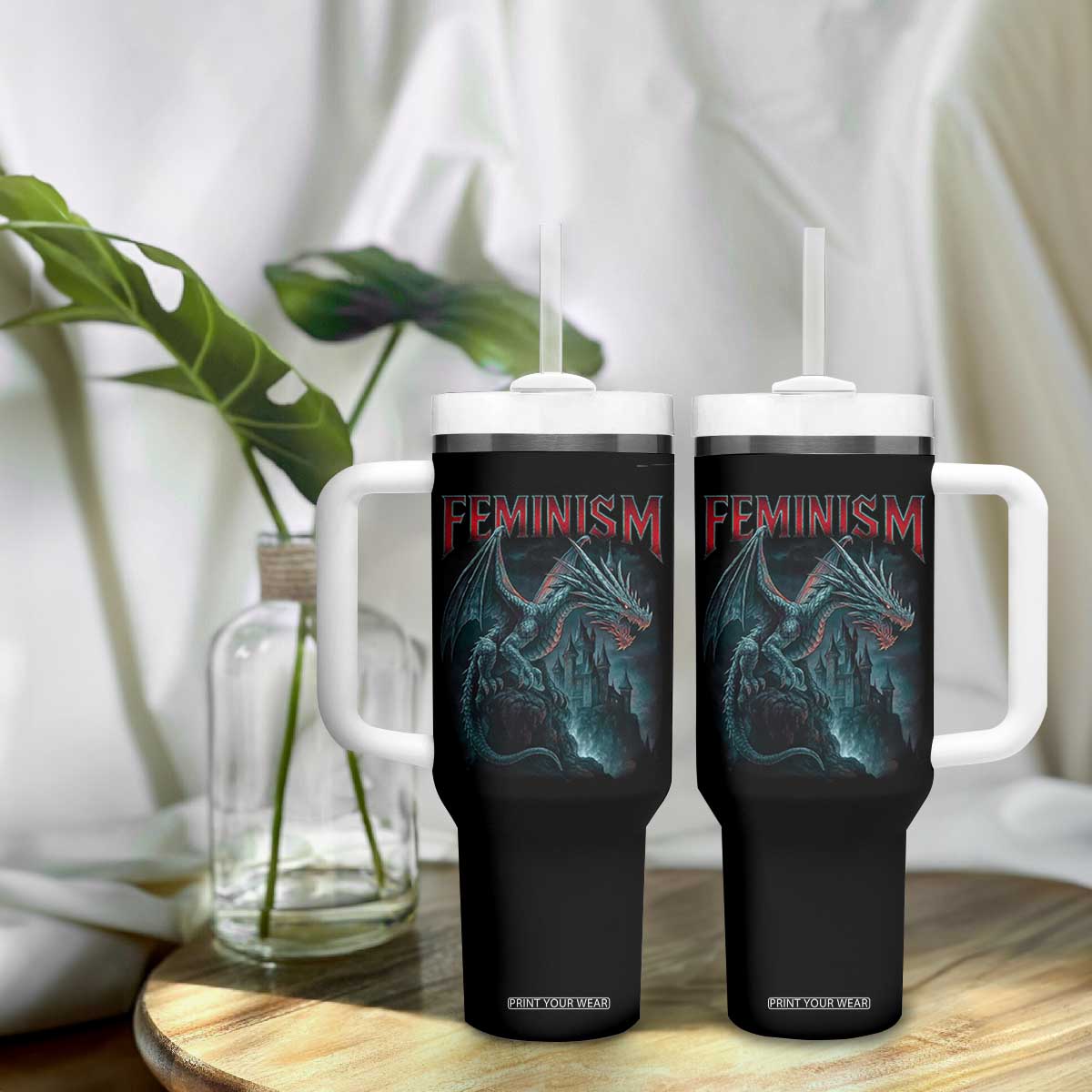 Feminism Dragon Tumbler With Handle Retro Vintage Gothic Fantasy Castle Feminist Empowerment TS10 Print Your Wear