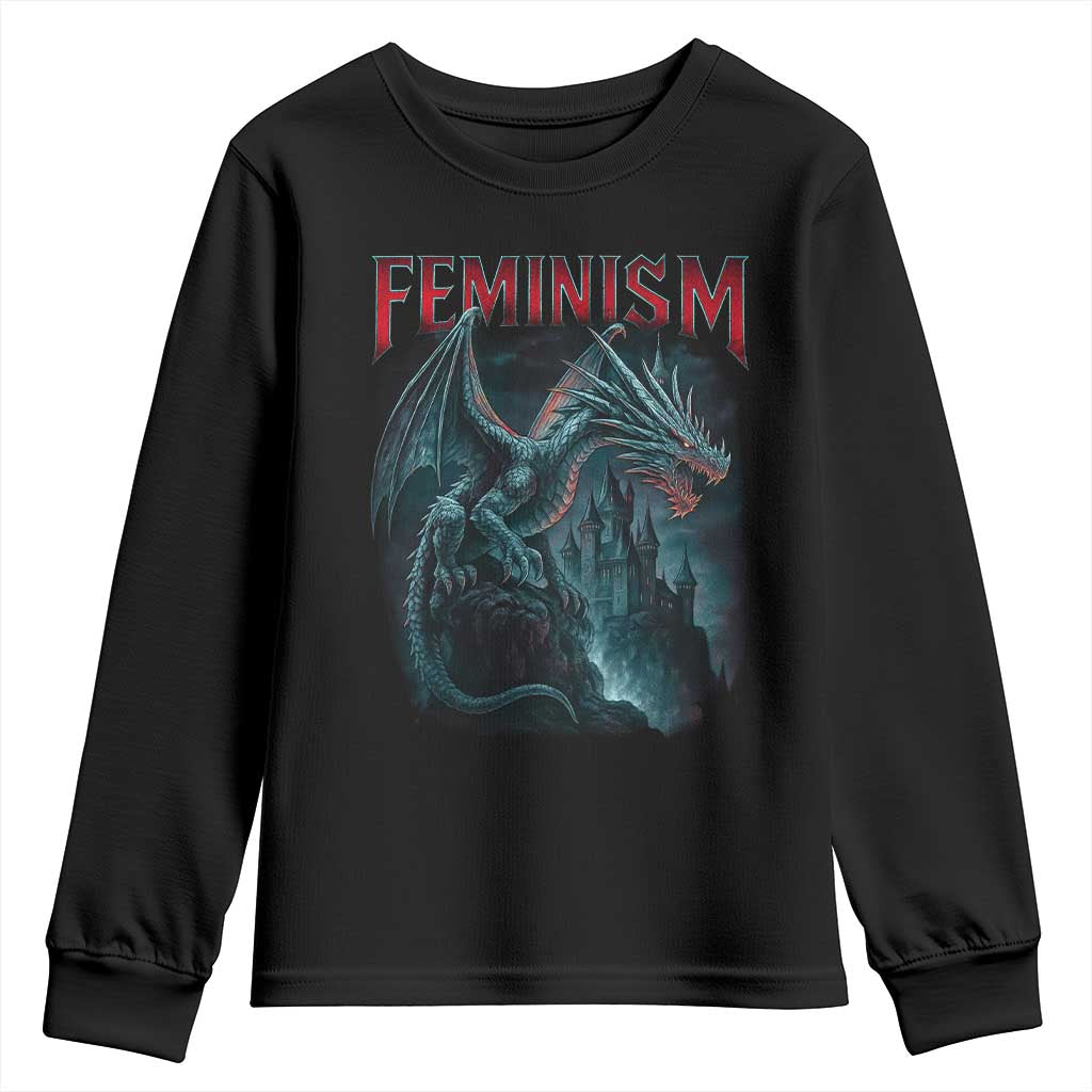 Feminism Dragon Youth Sweatshirt Retro Vintage Gothic Fantasy Castle Feminist Empowerment TS10 Black Print Your Wear
