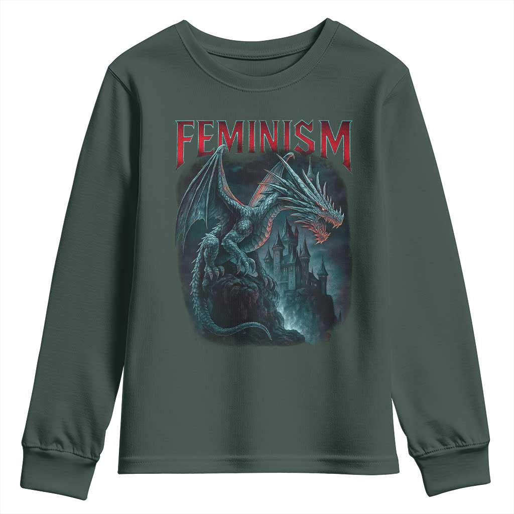 Feminism Dragon Youth Sweatshirt Retro Vintage Gothic Fantasy Castle Feminist Empowerment TS10 Dark Forest Green Print Your Wear