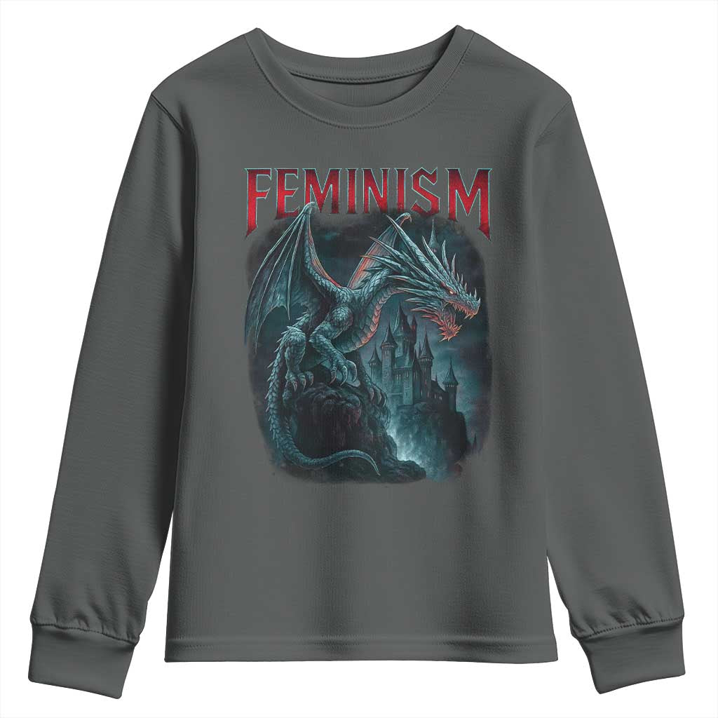 Feminism Dragon Youth Sweatshirt Retro Vintage Gothic Fantasy Castle Feminist Empowerment TS10 Dark Heather Print Your Wear