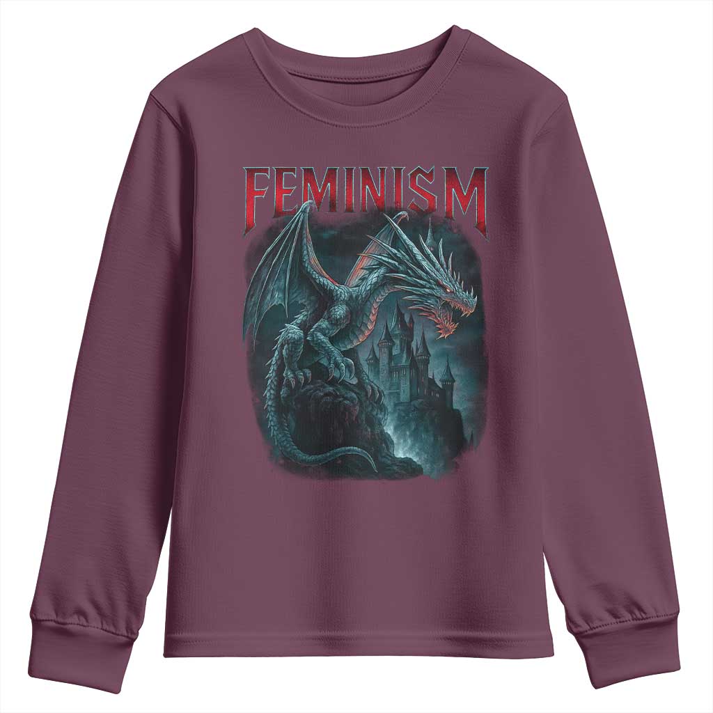 Feminism Dragon Youth Sweatshirt Retro Vintage Gothic Fantasy Castle Feminist Empowerment TS10 Maroon Print Your Wear