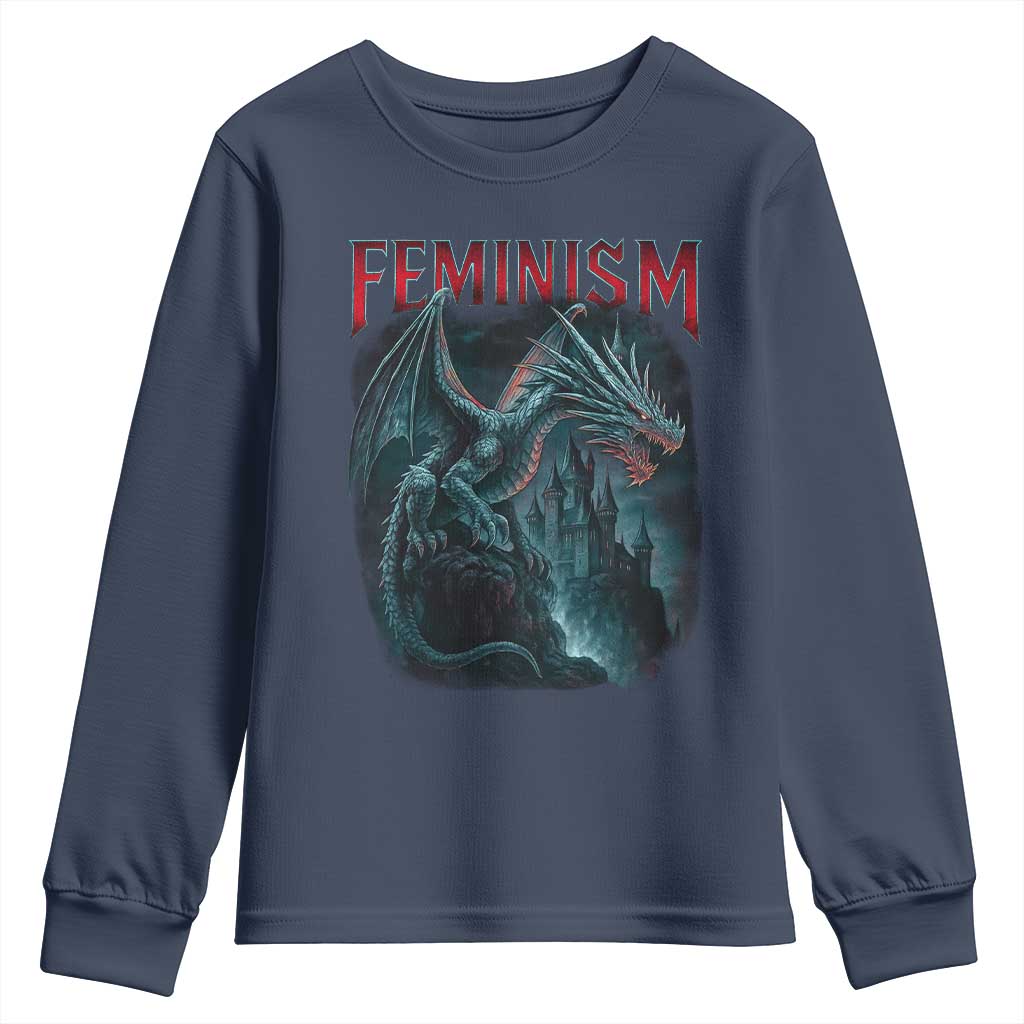 Feminism Dragon Youth Sweatshirt Retro Vintage Gothic Fantasy Castle Feminist Empowerment TS10 Navy Print Your Wear
