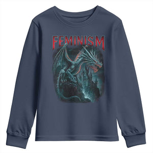 Feminism Dragon Youth Sweatshirt Retro Vintage Gothic Fantasy Castle Feminist Empowerment TS10 Navy Print Your Wear