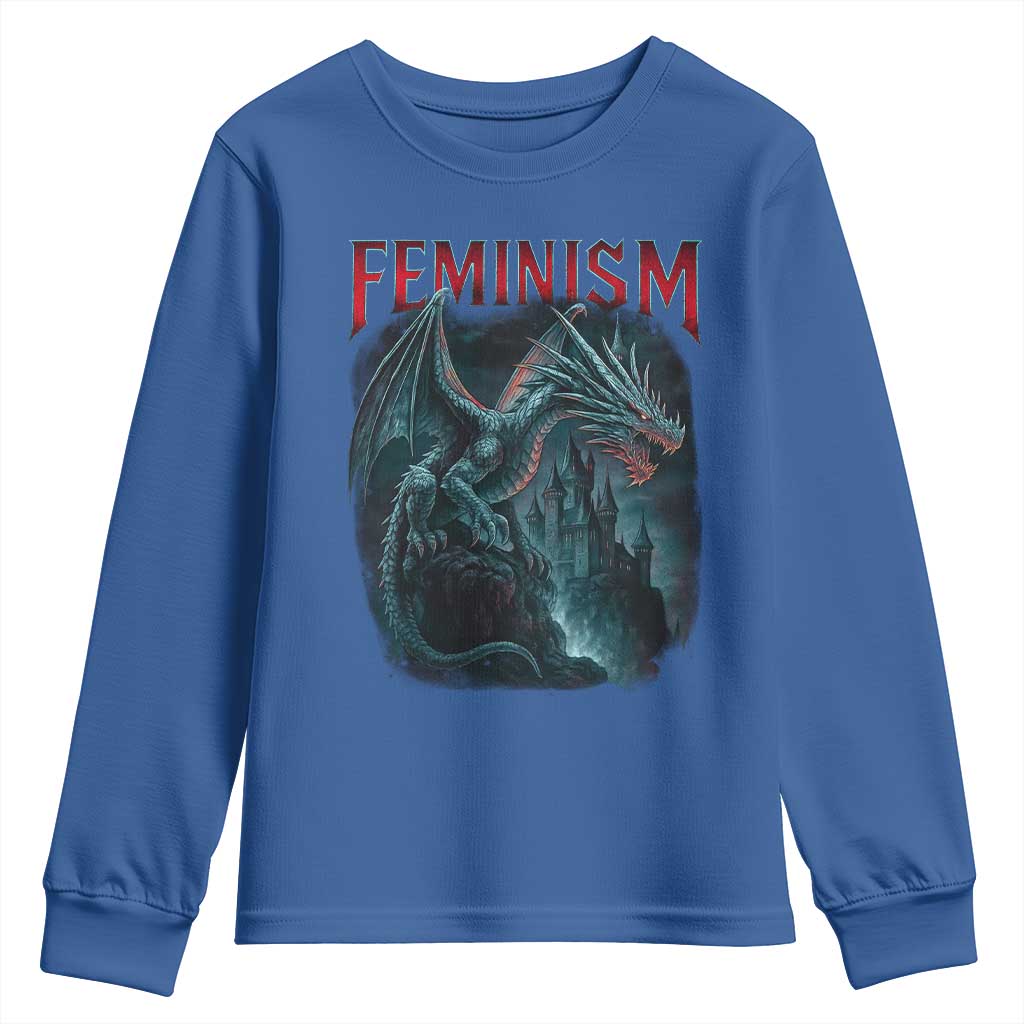 Feminism Dragon Youth Sweatshirt Retro Vintage Gothic Fantasy Castle Feminist Empowerment TS10 Royal Blue Print Your Wear