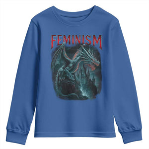 Feminism Dragon Youth Sweatshirt Retro Vintage Gothic Fantasy Castle Feminist Empowerment TS10 Royal Blue Print Your Wear