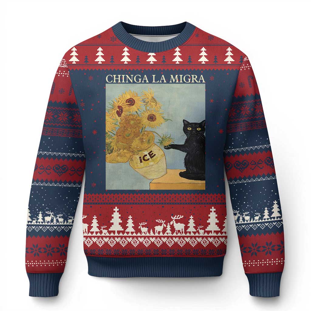 Chinga la Migra Ugly Christmas Sweater Subtle FDT Black Cat Meme Van Gogh Art TS10 Navy Red Print Your Wear
