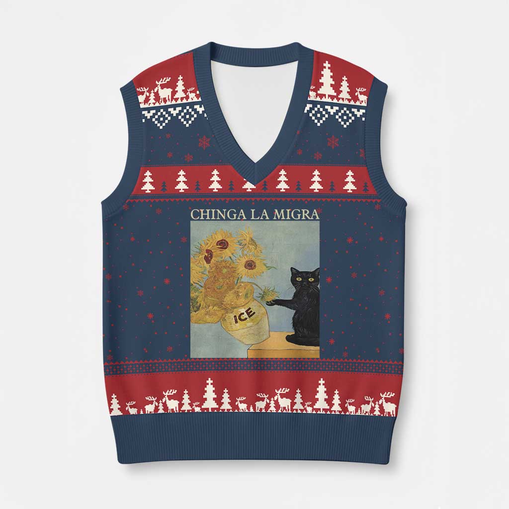 Chinga la Migra V-Neck Knit Sweater Vest Subtle FDT Black Cat Meme Van Gogh Art TS10 Navy Red Print Your Wear