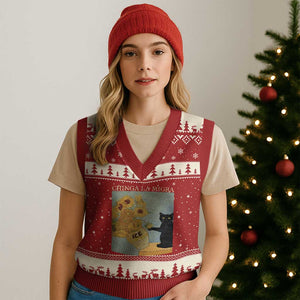Chinga la Migra V-Neck Knit Sweater Vest Subtle FDT Black Cat Meme Van Gogh Art TS10 Red Beige Print Your Wear