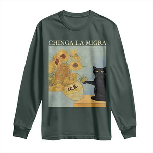 Chinga la Migra Long Sleeve Shirt Subtle FDT Black Cat Meme Van Gogh Art TS10 Dark Forest Green Print Your Wear