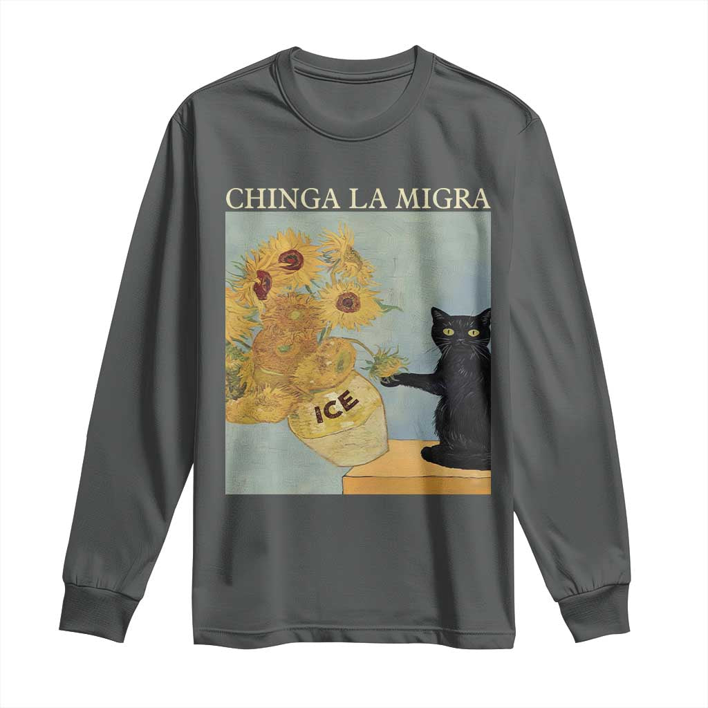 Chinga la Migra Long Sleeve Shirt Subtle FDT Black Cat Meme Van Gogh Art TS10 Dark Heather Print Your Wear