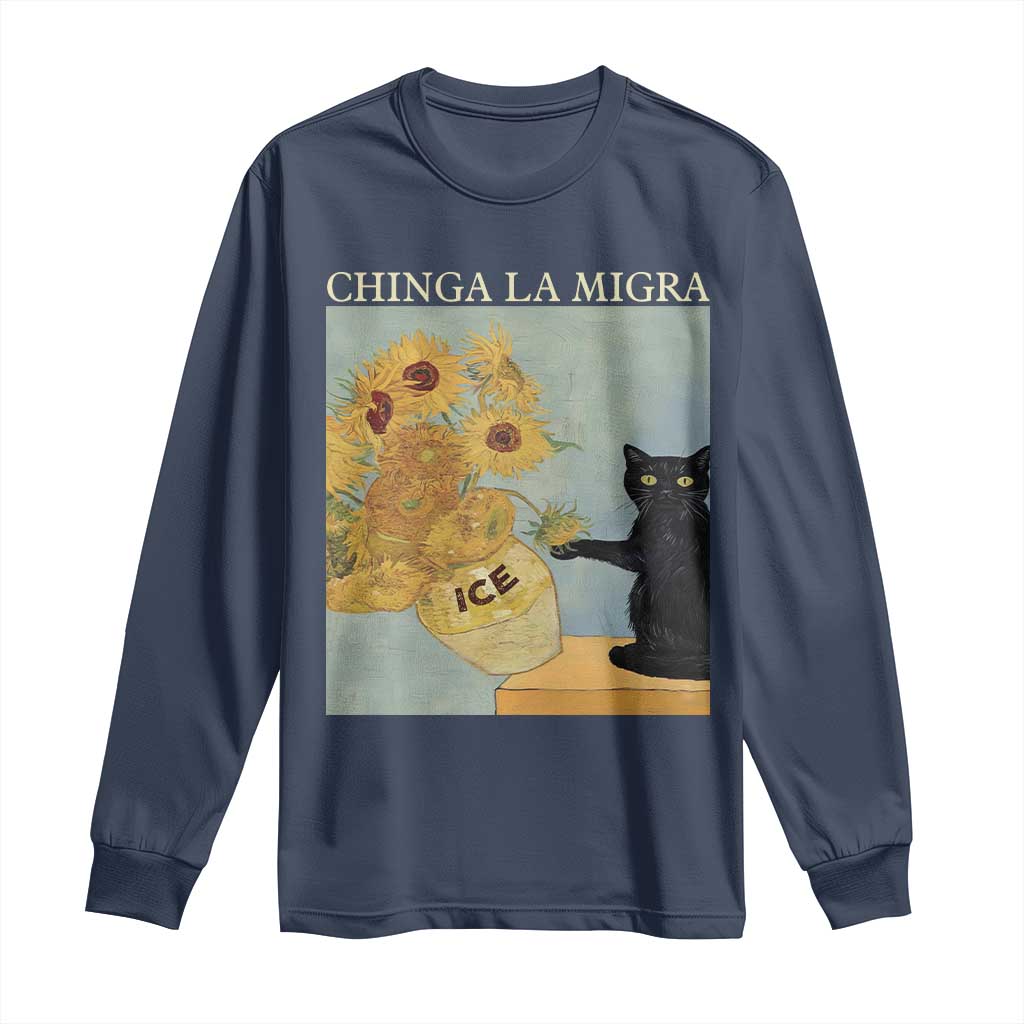 Chinga la Migra Long Sleeve Shirt Subtle FDT Black Cat Meme Van Gogh Art TS10 Navy Print Your Wear