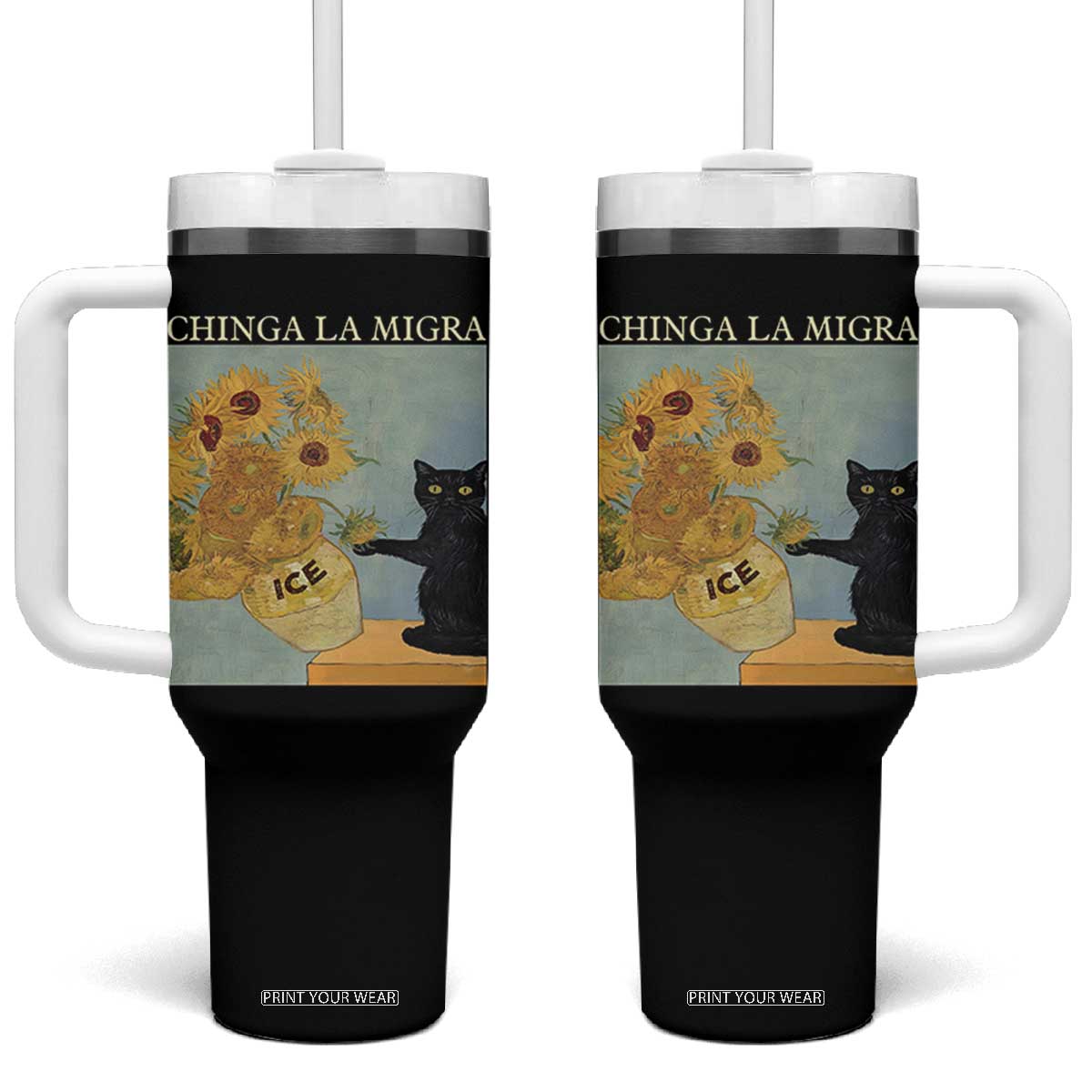 Chinga la Migra Tumbler With Handle Subtle FDT Black Cat Meme Van Gogh Art TS10 One Size: 40 oz Black Print Your Wear