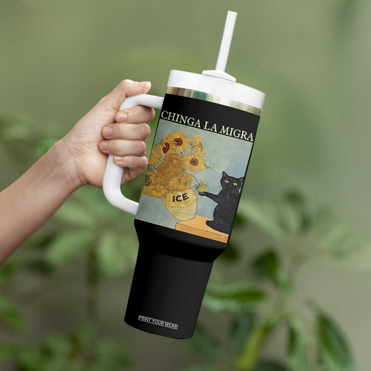 Chinga la Migra Tumbler With Handle Subtle FDT Black Cat Meme Van Gogh Art TS10 Print Your Wear