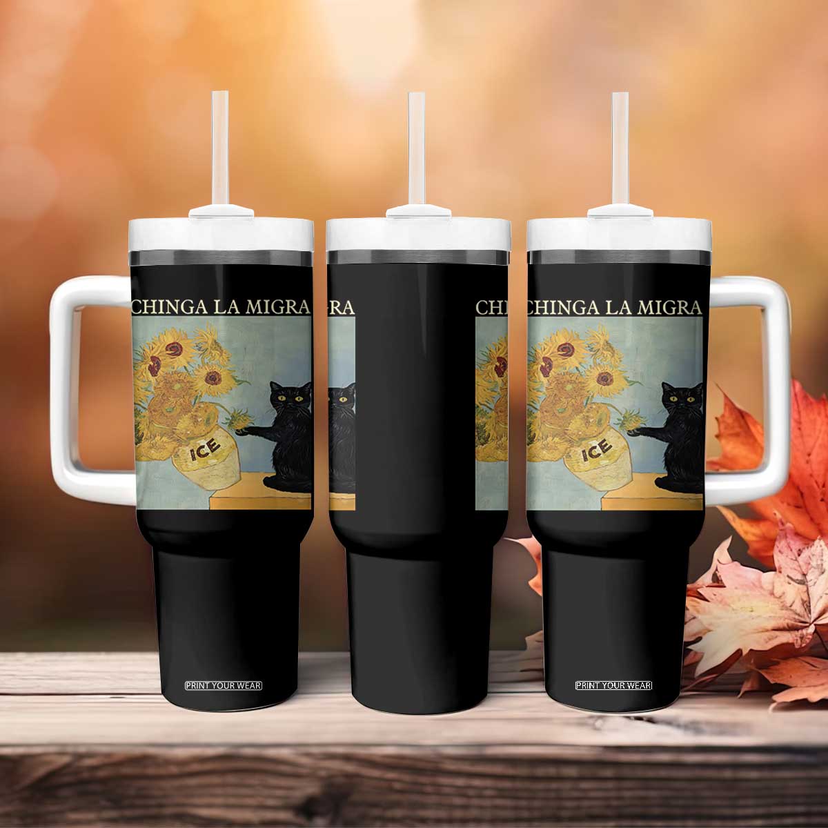 Chinga la Migra Tumbler With Handle Subtle FDT Black Cat Meme Van Gogh Art TS10 Print Your Wear