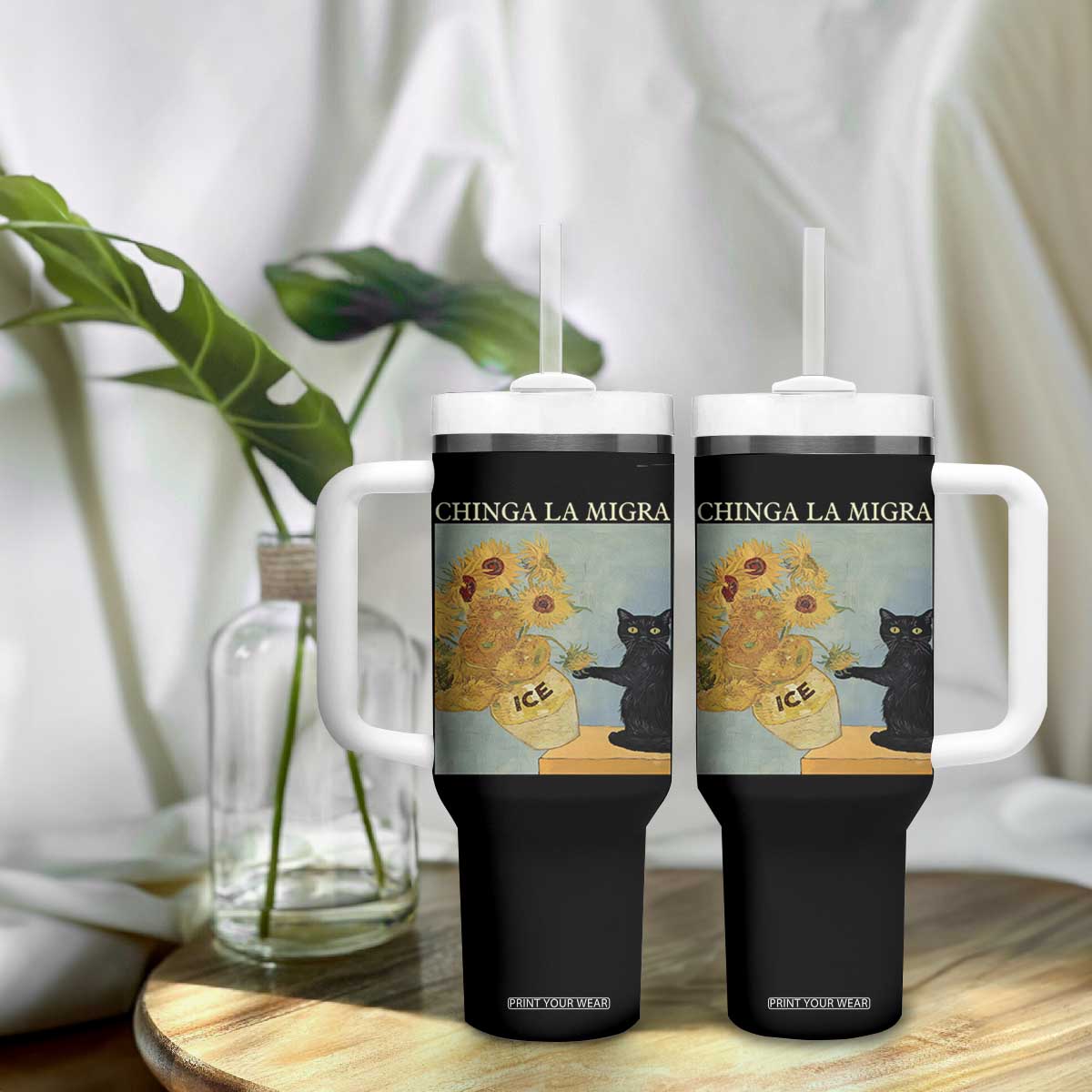 Chinga la Migra Tumbler With Handle Subtle FDT Black Cat Meme Van Gogh Art TS10 Print Your Wear