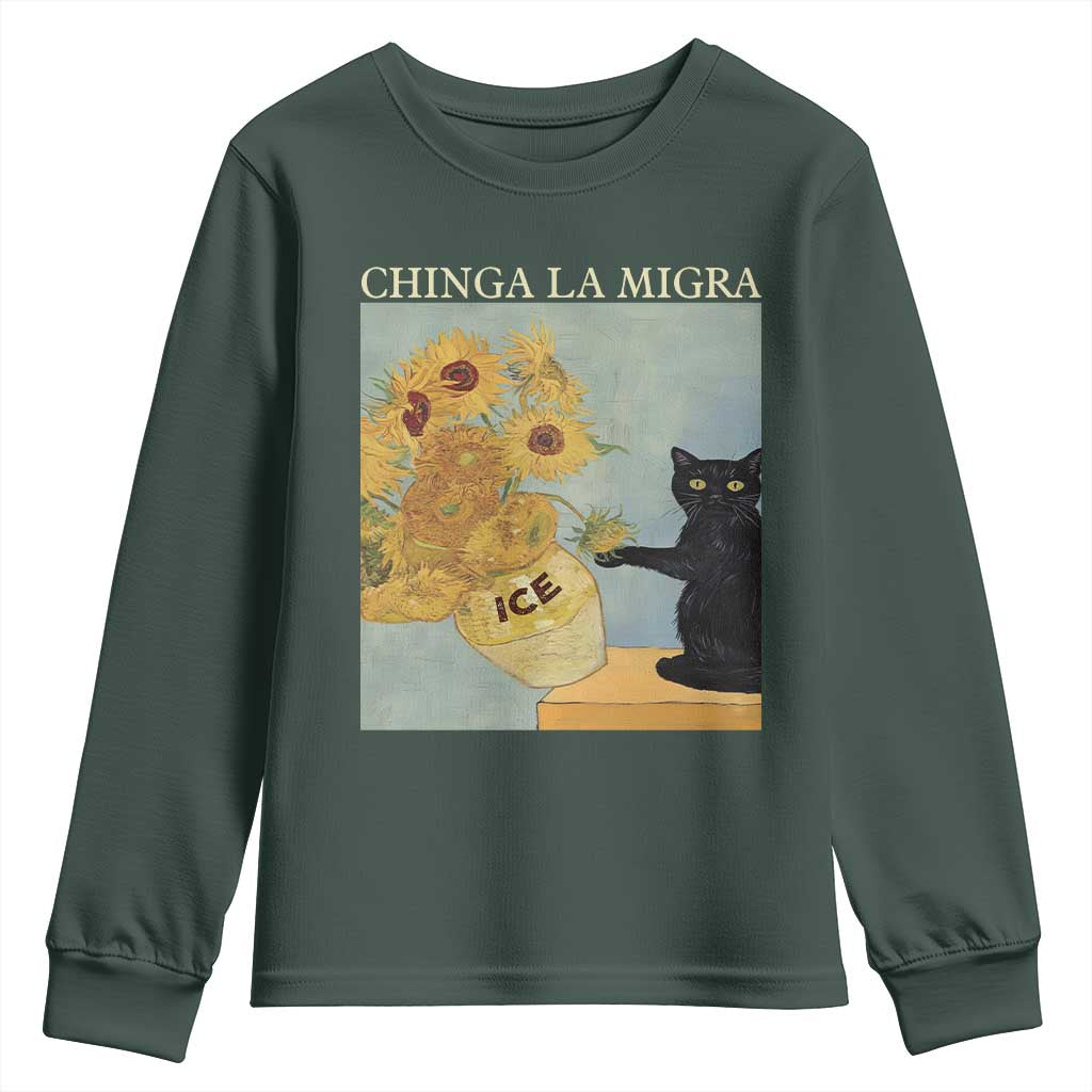 Chinga la Migra Youth Sweatshirt Subtle FDT Black Cat Meme Van Gogh Art TS10 Dark Forest Green Print Your Wear