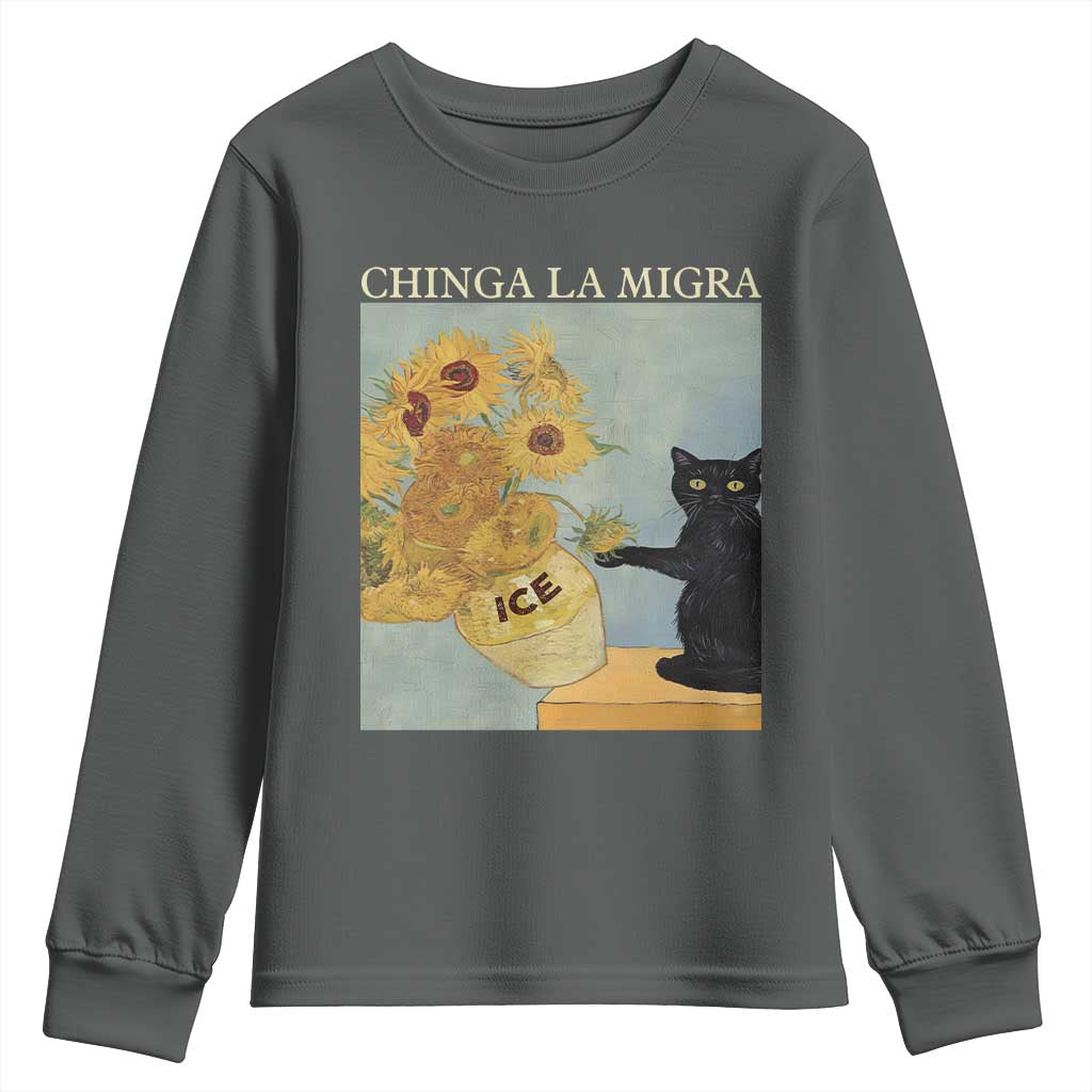 Chinga la Migra Youth Sweatshirt Subtle FDT Black Cat Meme Van Gogh Art TS10 Dark Heather Print Your Wear