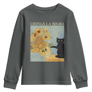 Chinga la Migra Youth Sweatshirt Subtle FDT Black Cat Meme Van Gogh Art TS10 Dark Heather Print Your Wear
